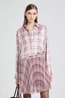 Boxy silk satin shirt with check print and tone-on-tone crystals
