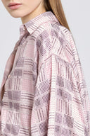 Boxy silk satin shirt with check print and tone-on-tone crystals