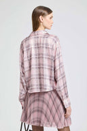 Boxy silk satin shirt with check print and tone-on-tone crystals