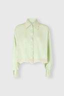 Boxy silk satin shirt with contrasting rebrodé lace