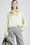 Boxy silk satin shirt with contrasting rebrodé lace