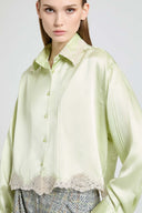 Boxy silk satin shirt with contrasting rebrodé lace