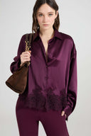 Boxy silk satin shirt with lace hem detail