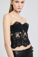 Strapless bustier top in floral lace with corsetry construction