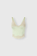 Strapped bustier top in silk satin with contrasting lace details