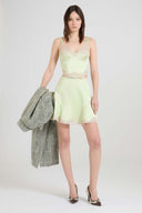 Strapped bustier top in silk satin with contrasting lace details