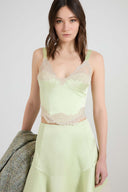 Strapped bustier top in silk satin with contrasting lace details