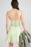 Strapped bustier top in silk satin with contrasting lace details