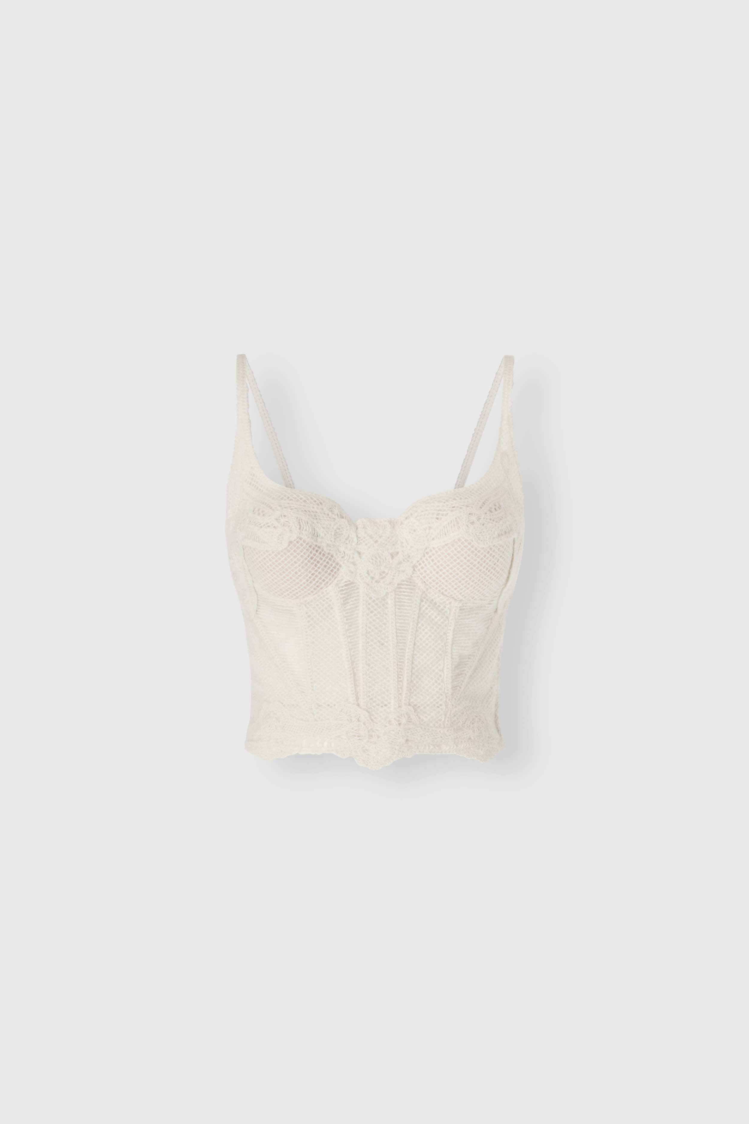 Wool bustier top with rib and honeycomb texture and lace details