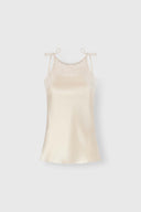 Lingerie-inspired pure silk satin top with rebrodé lace