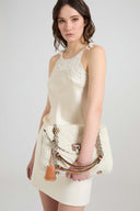 Lingerie-inspired pure silk satin top with rebrodé lace