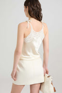Lingerie-inspired pure silk satin top with rebrodé lace
