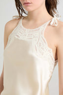 Lingerie-inspired pure silk satin top with rebrodé lace