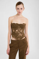 Loden green embroidered tulle corset with rebrodé lace