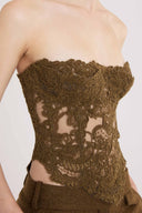Loden green embroidered tulle corset with rebrodé lace