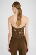 Loden green embroidered tulle corset with rebrodé lace