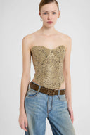 Strapless bustier top in embroidered tulle with lurex lace effect