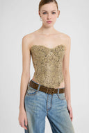 Strapless bustier top in embroidered tulle with lurex lace effect
