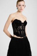 Tulle bustier with lace and astrakhan details