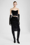 Astrakhan-effect velvet bustier top with embroidered tulle details