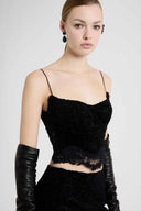 Astrakhan-effect velvet bustier top with embroidered tulle details