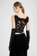 Astrakhan-effect velvet bustier top with embroidered tulle details