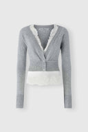 Cropped cashmere cardigan with pleated satin insert and rebrodé lace