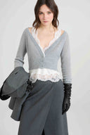 Cropped cashmere cardigan with pleated satin insert and rebrodé lace