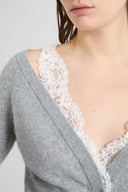 Cropped cashmere cardigan with pleated satin insert and rebrodé lace