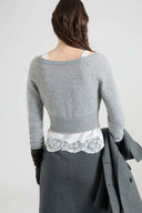 Cropped cashmere cardigan with pleated satin insert and rebrodé lace