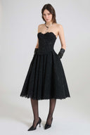 Pleated midi skirt in rebrodé lace with tonal crystals