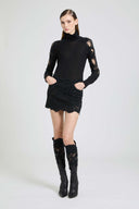 Mini skirt in rebrodé lace with tonal crystals