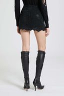 Mini skirt in rebrodé lace with tonal crystals