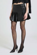 Pleated faux leather-effect mini skirt with double side belt