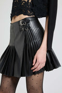 Pleated faux leather-effect mini skirt with double side belt
