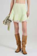Pure silk satin mini skirt with contrasting rebrodé lace