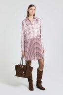 Pleated knee-length skirt in technical georgette with check print