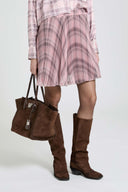 Pleated knee-length skirt in technical georgette with check print