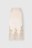 Silk satin pencil skirt with exclusive lace flounce