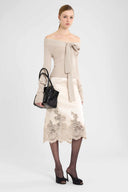 Silk satin pencil skirt with exclusive lace flounce