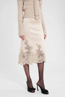 Silk satin pencil skirt with exclusive lace flounce
