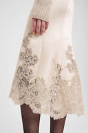 Silk satin pencil skirt with exclusive lace flounce
