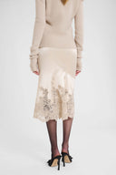 Silk satin pencil skirt with exclusive lace flounce