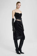 Astrakhan-effect velvet midi pencil skirt with embroidered tulle details