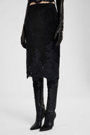 Astrakhan-effect velvet midi pencil skirt with embroidered tulle details