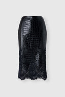 Crocodile-print calfskin midi skirt with handmade lace hem