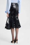 Crocodile-print calfskin midi skirt with handmade lace hem