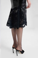 Crocodile-print calfskin midi skirt with handmade lace hem