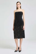 Midi strapless bustier dress in macramé lace with crystals
