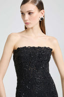 Midi strapless bustier dress in macramé lace with crystals